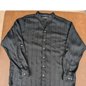 Caribbean Shirt Mens XL Black Linen Blend  Mandarin Collar Roll Up Tab Sleeves